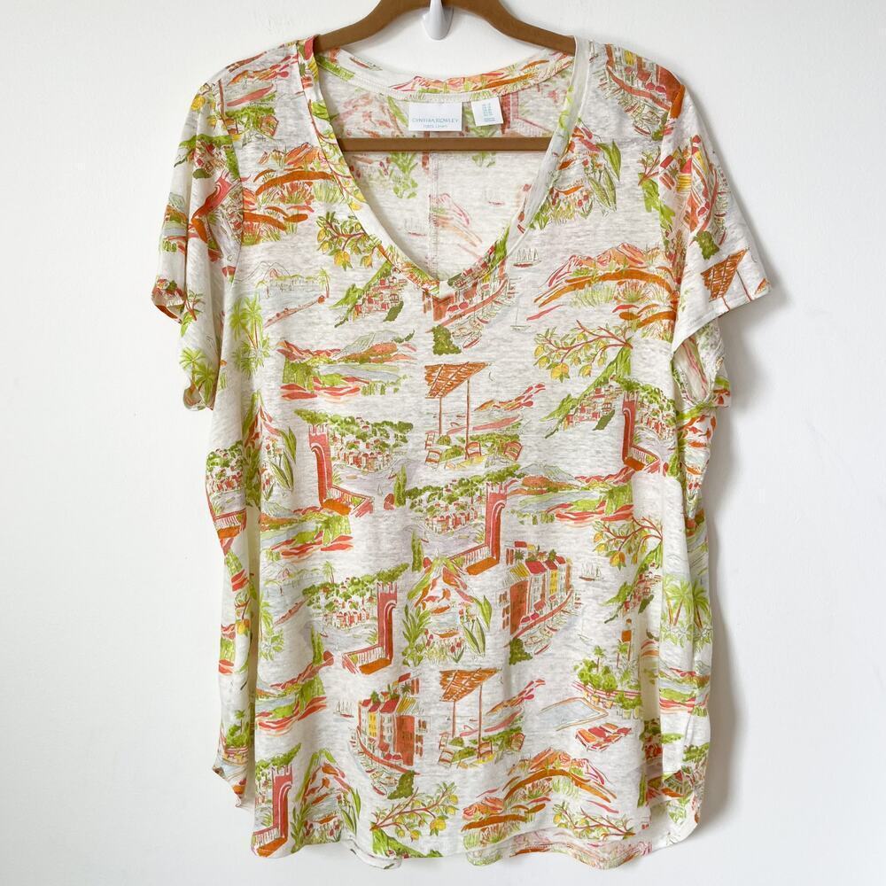 Cynthia Rowley 100% Linen 1X V-Neck Pullover Shirt Tropical Print Spring‎ Summer